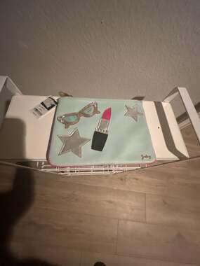 Juicy Couture Mint Blue Makeup Bag Wristlet with Star and Lipstick Patches